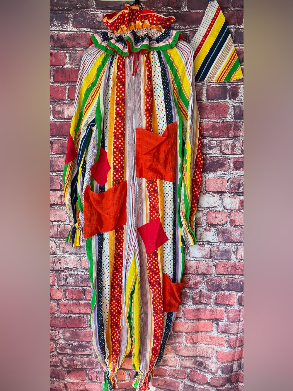 Vintage Colorful Patchwork Clown Costume Jumpsuit Hat Collar 3Pc Set